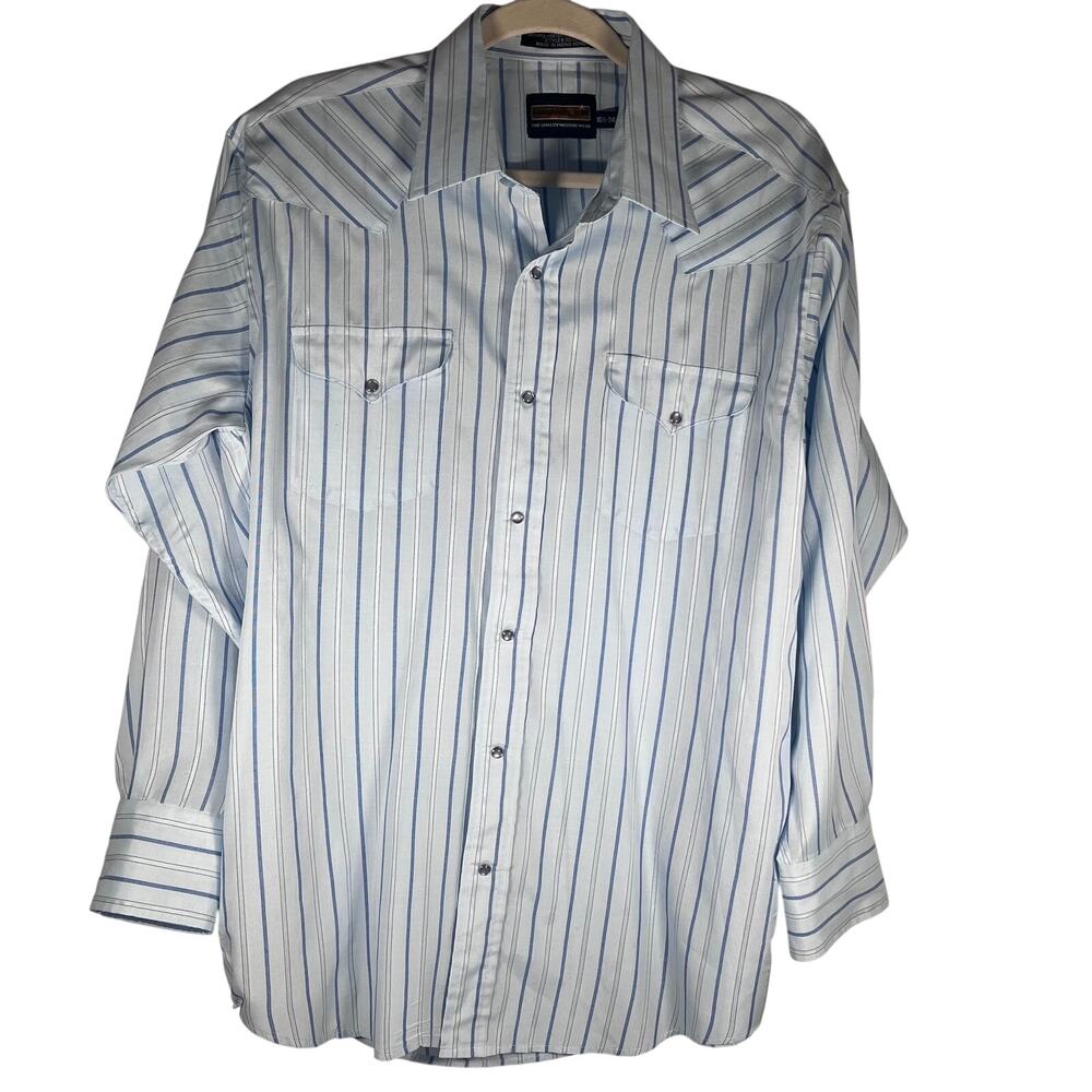 Panhandle Slim Long Sleeve Pearl Snap Blue Striped Western Shirt Size 16.5 - 34